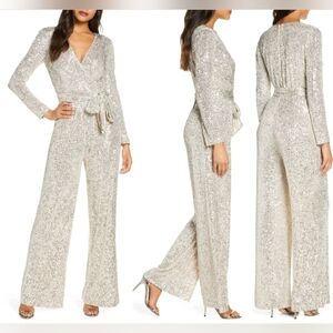 NWT Eliza J Shimmering Silver Sequin Jumpsuit